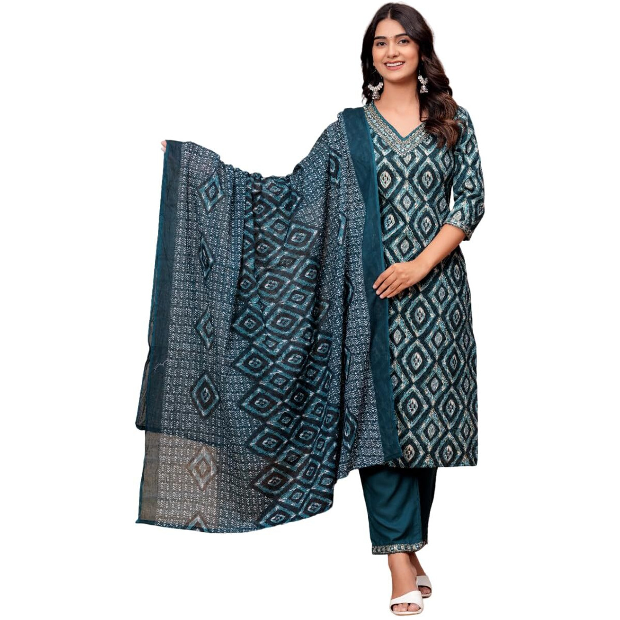 Kasooti Rayon Women's Printed Straight Embroidered Kurta & Pant Set With Dupatta (Teall Blue) | Ethnic Set | Dupatta Set | Kurta Set |, Medium