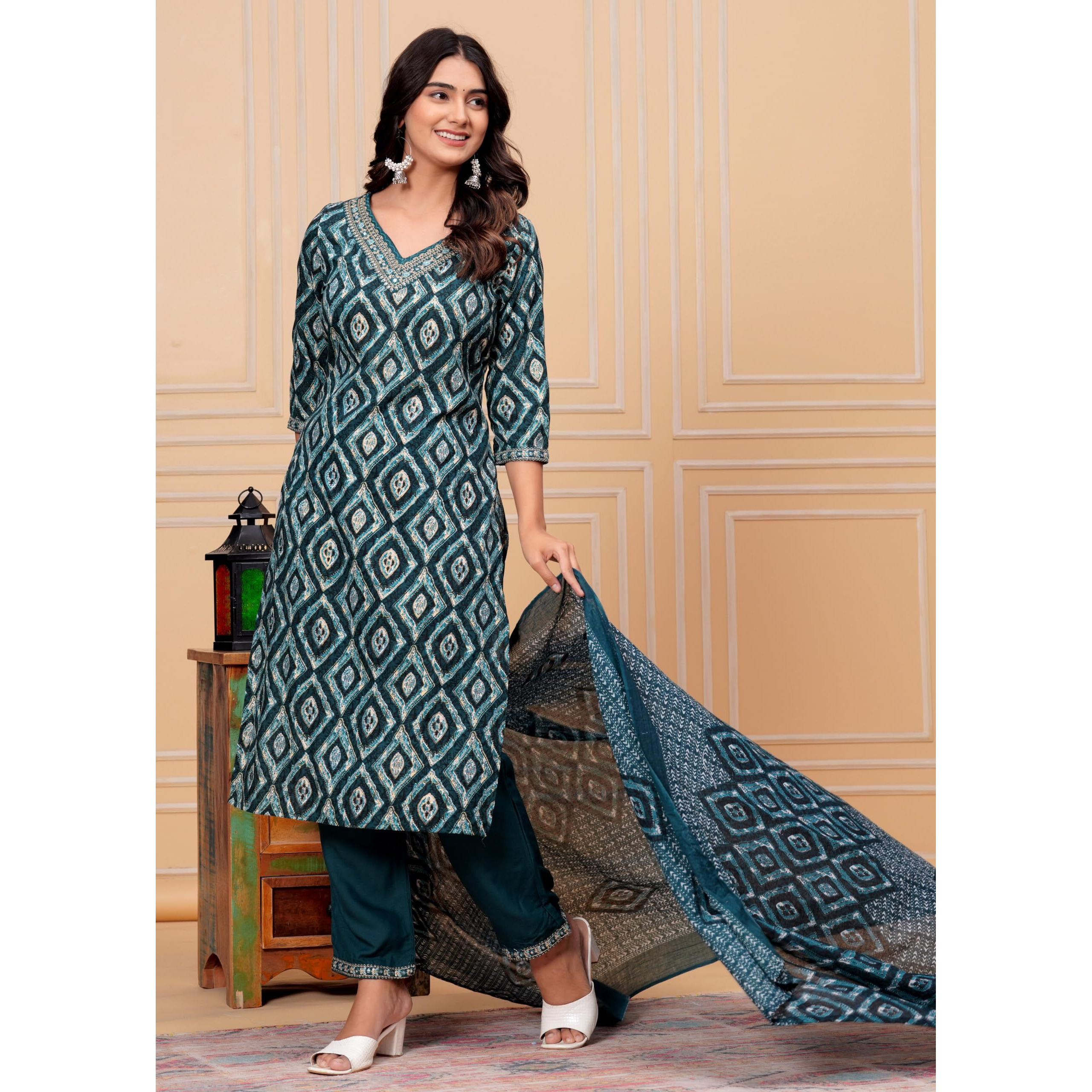 Kasooti Rayon Women's Printed Straight Embroidered Kurta & Pant Set With Dupatta (Teall Blue) | Ethnic Set | Dupatta Set | Kurta Set |, Medium