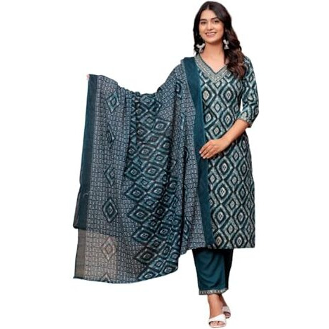 Kasooti Rayon Women's Printed Straight Embroidered Kurta & Pant Set With Dupatta (Teall Blue) | Ethnic Set | Dupatta Set | Kurta Set |, 2Xl