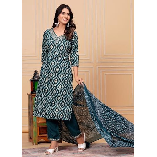 Kasooti Rayon Women's Printed Straight Embroidered Kurta & Pant Set With Dupatta (Teall Blue) | Ethnic Set | Dupatta Set | Kurta Set |, 2Xl