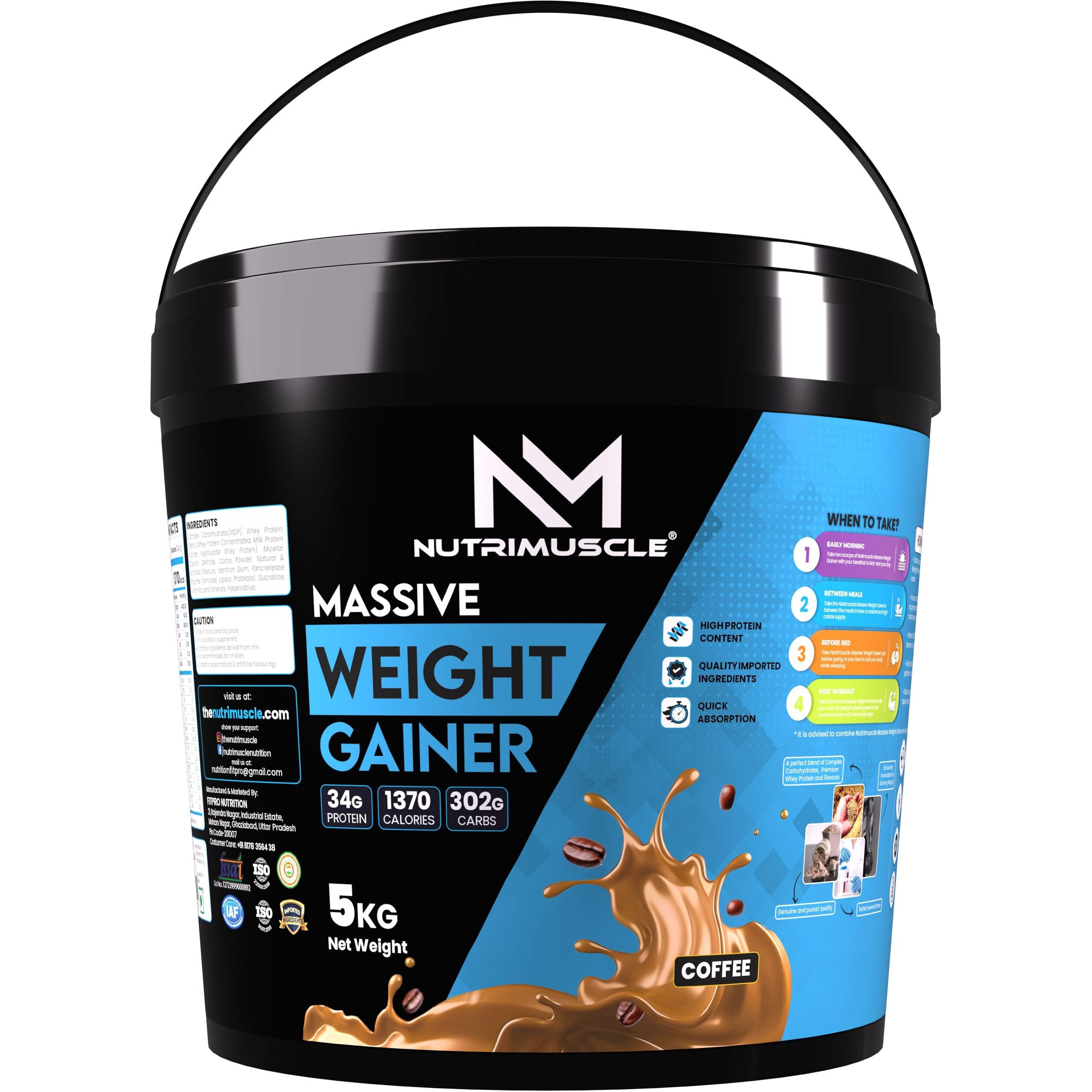 Nutrimuscle Massive Weight Gainer - 5 Kgs - Coffee Flavour For Weight & Mass Gain - Contains Complex Carbohydrates