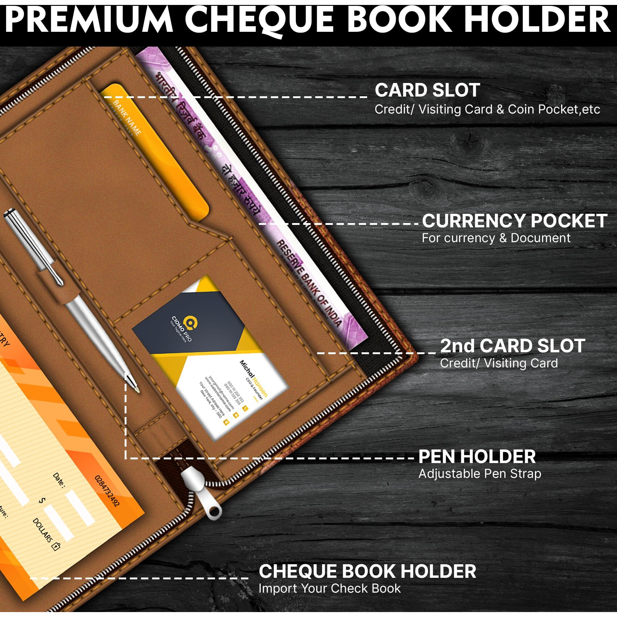 Fedus Cheque Book Holder, Vegan Leather Expanding Handmade Multiple Cheque Book Holder For Cards, Women/Men Cheque Book Wallet, Traveling Wallets, Checkbook Holder, Documents Holder (Dual Brown)