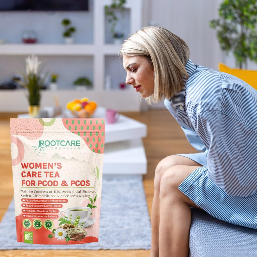 Rootcare Organics Women's Health Care Ayurvedic Herbal Tea|For Pod & Pcos|100% Pure Natural Herbs|Tulsi Ashok Chaal Shatavari Gokhru Chamomile And 9 Other Herbs And Spices (Pack Of 1 Month) 100G