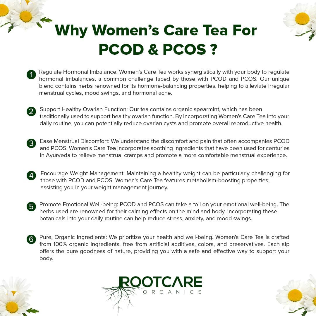 Rootcare Organics Women's Health Care Ayurvedic Herbal Tea|For Pod & Pcos|100% Pure Natural Herbs|Tulsi Ashok Chaal Shatavari Gokhru Chamomile And 9 Other Herbs And Spices (Pack Of 1 Month) 100G