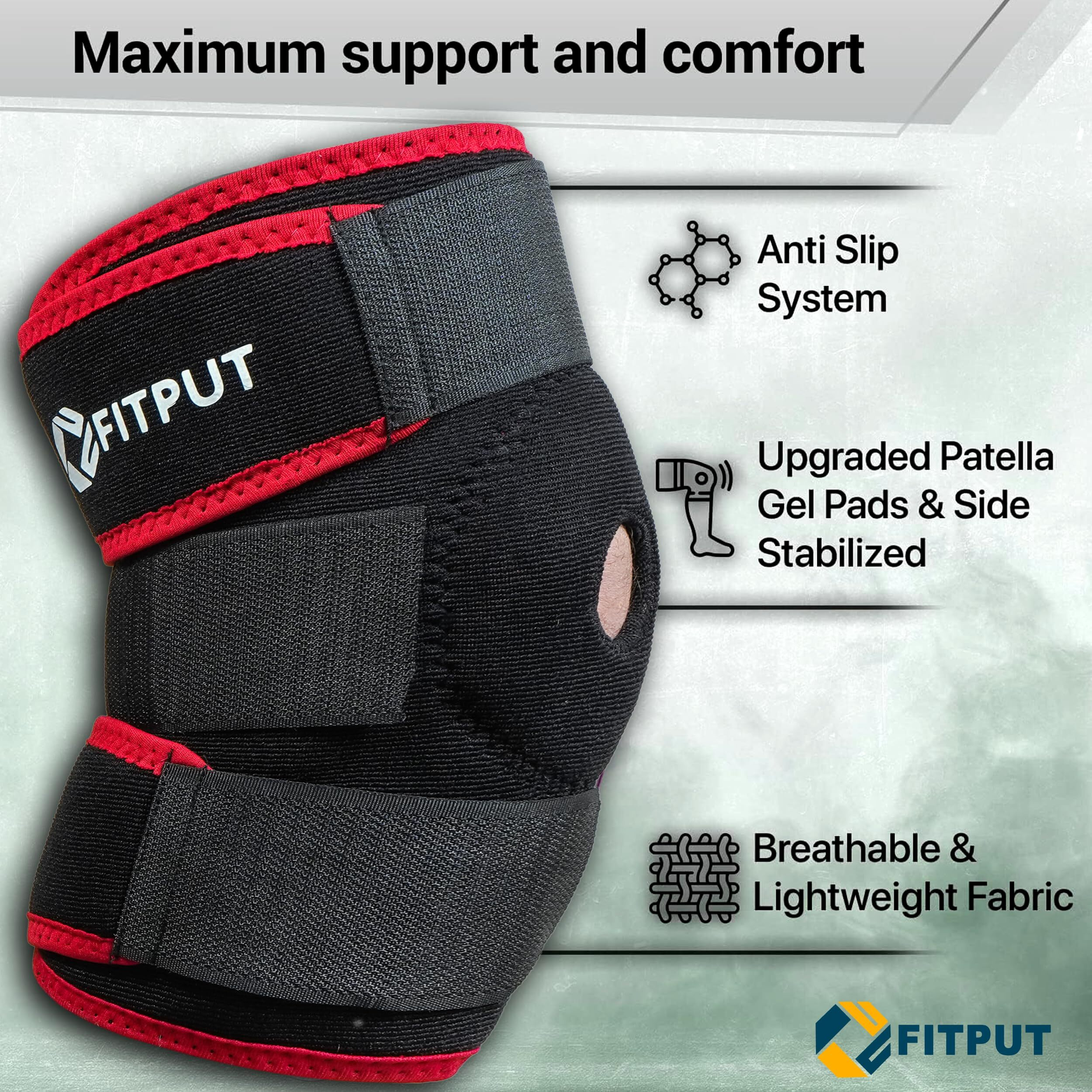 Fitput Knee Cap For Men Sports(1 Pair), Breathable Knee Support For Men Gym Workout Running Arthritis Knee Brace For Ligament Tear Knee Caps For Women For Pain Relief (Black/Red)
