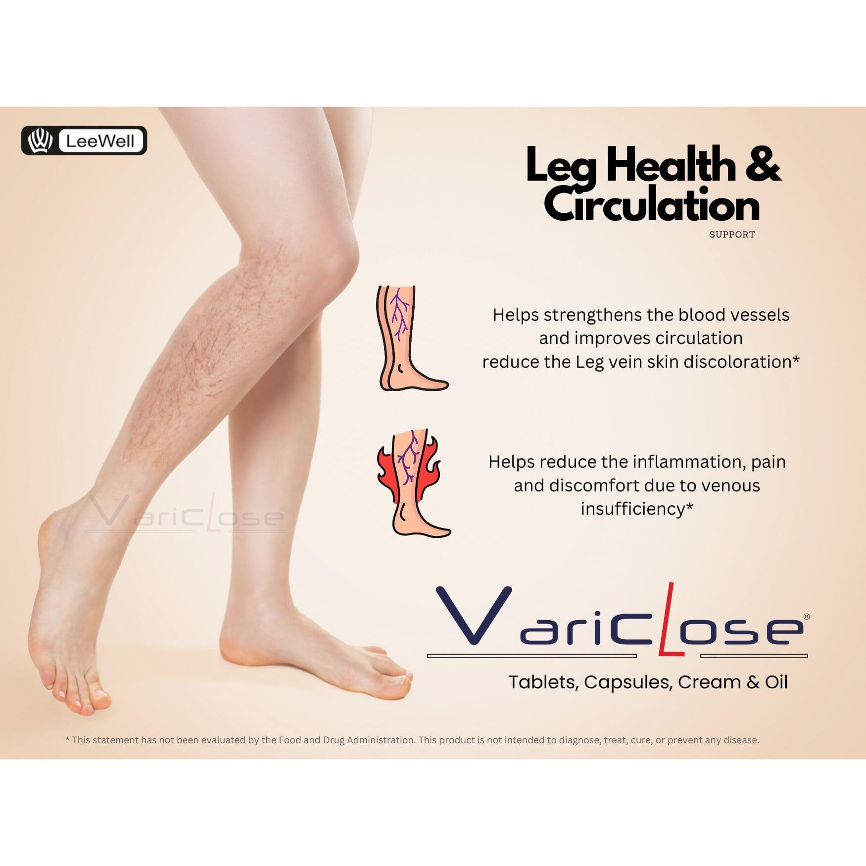 Variclose Ayurvedic Varicose Veins Cream For Spider Veins, External Piles, Enlarged Swollen Vessels Micro Circulation | Multi-Functional Venous Insufficiency Health Aid Gel Base - 50 Grams (Leewellpharma)