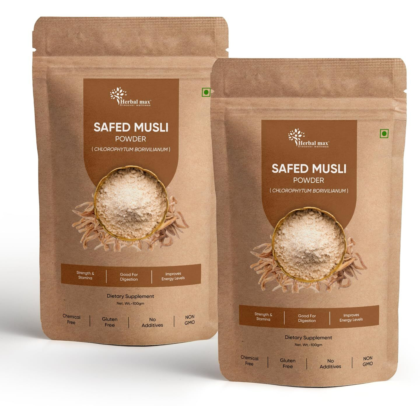 Herbal Max Organic Safed Musli Root Powder | Ayurvedic Support For Vitality & Performance | Herbal Supplement | Strength & Stamina - 100 Gm (Pack Of 2)