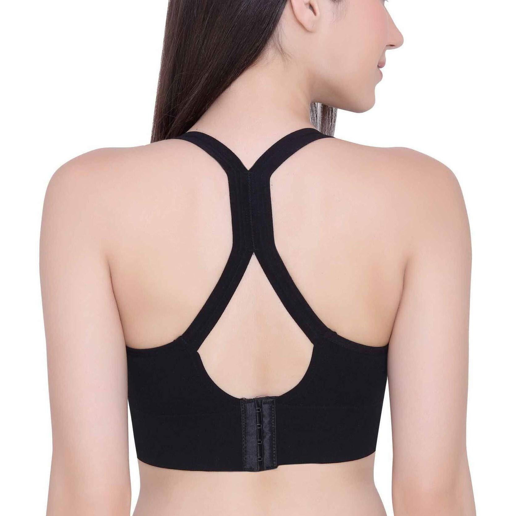 Glamoras Women's Nylon Spandex Padded Non Wired Racer Back Sports Bra For Gym, Cardio, Zumba And Yoga | Everyday Active Wear For Girls | Size M To 2Xl Black