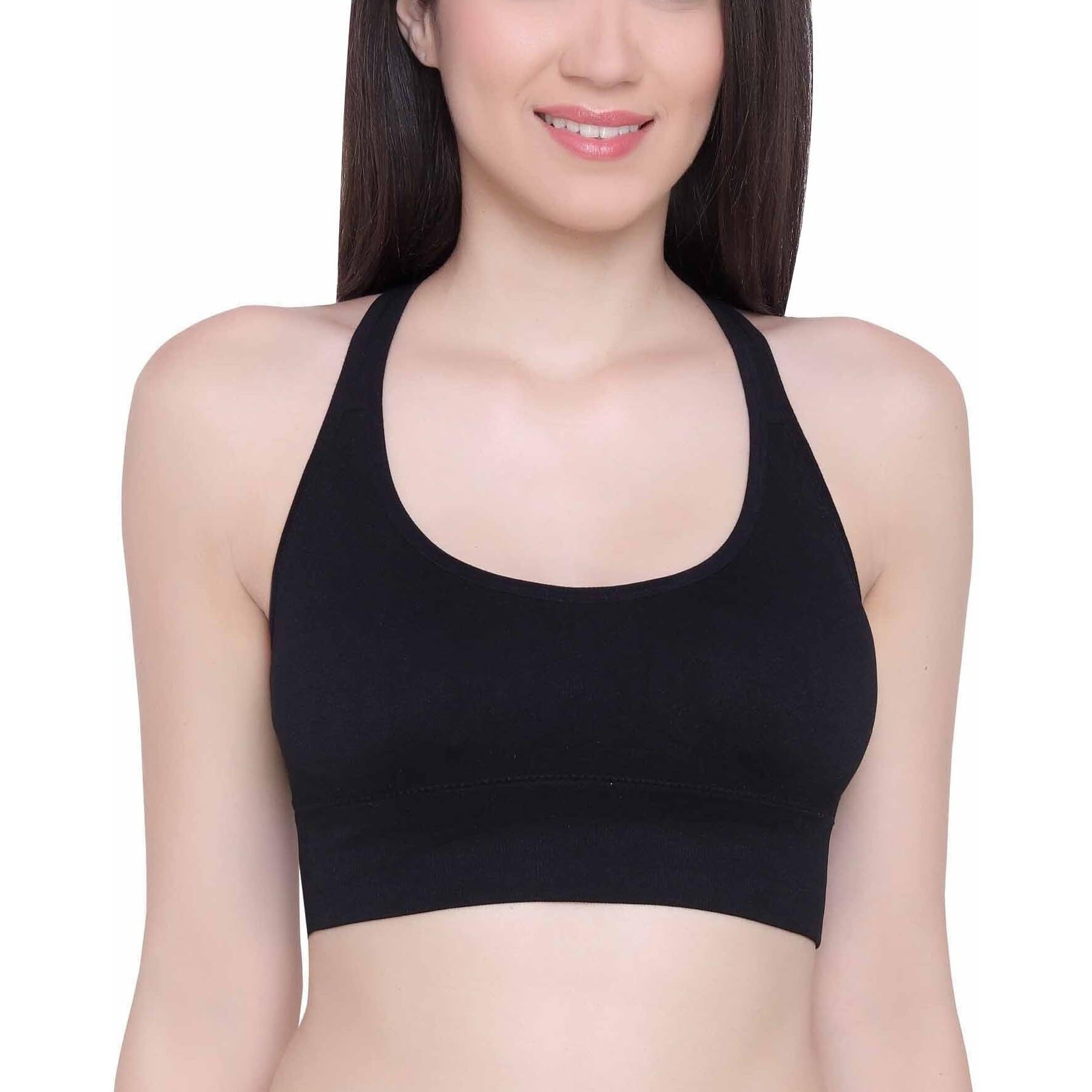 Glamoras Women's Nylon Spandex Padded Non Wired Racer Back Sports Bra For Gym, Cardio, Zumba And Yoga | Everyday Active Wear For Girls | Size M To 2Xl Black