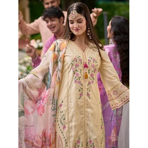 Indo Era Women's Off White Silk Blend Embroidered Straight Kurta & Pant With Dupatta Set (Ieout6962_Xx-Large)