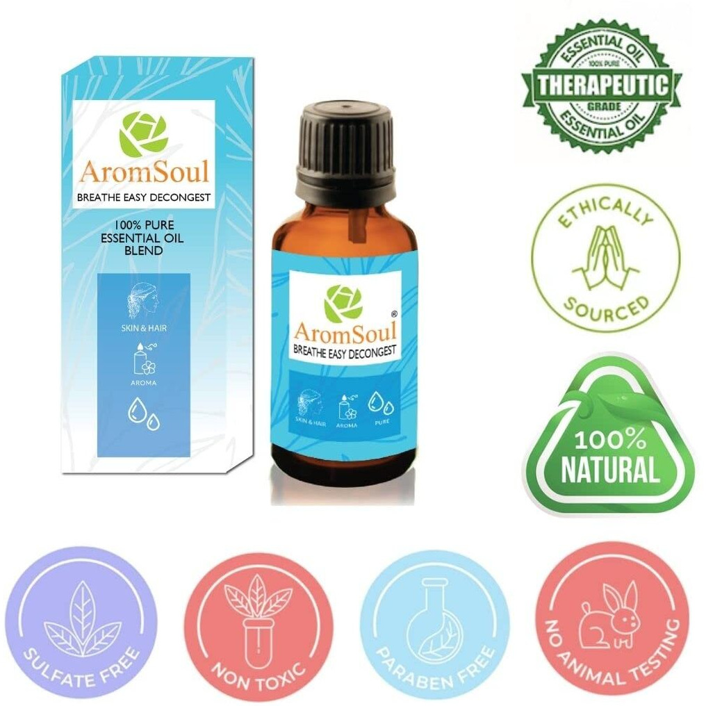 Aromsoul Natural And Pure Breathe Easy Decongest Essential Oil Blend 30 Ml For Sinus, Congestion Relief | Peppermint, Eucalyptus, Tea Tree, Lemon, Laurel Leaf, Cardamom Oil (Blue)