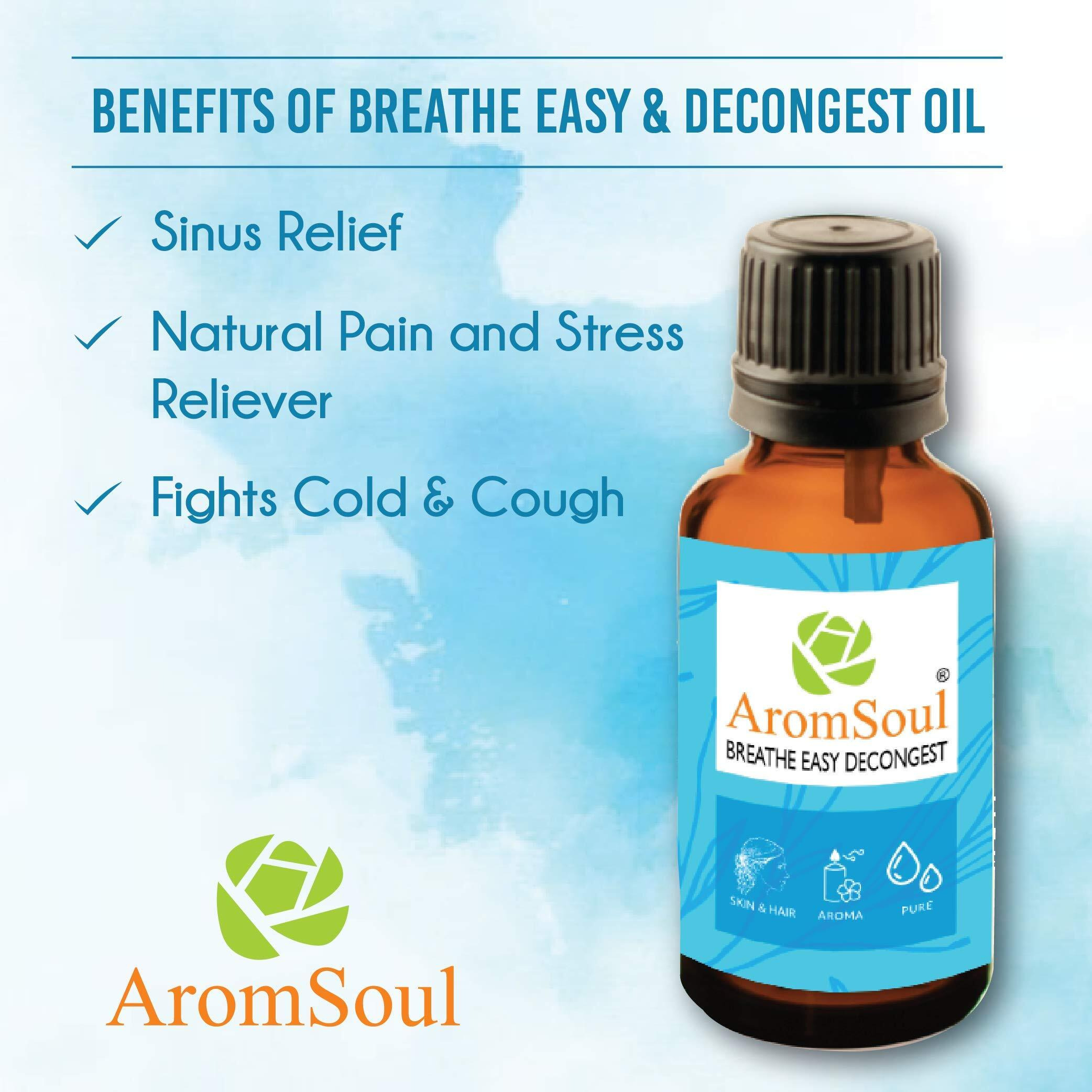 Aromsoul Natural And Pure Breathe Easy Decongest Essential Oil Blend 30 Ml For Sinus, Congestion Relief | Peppermint, Eucalyptus, Tea Tree, Lemon, Laurel Leaf, Cardamom Oil (Blue)