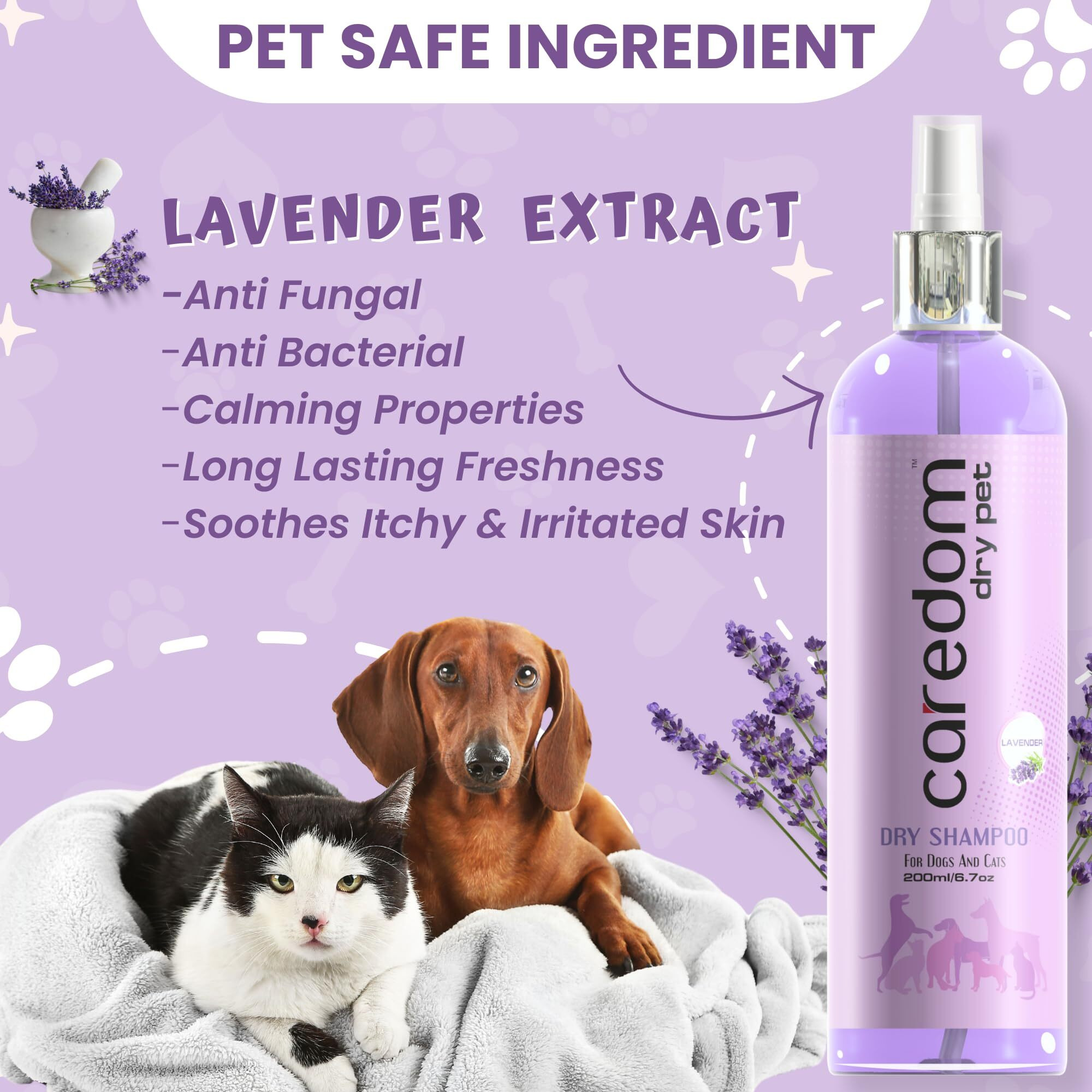 Caredom Pet Dry Dog Shampoo & Cat Dry Shampoo For Water Free Bath | Dry Shampoo Spray With Lavender, Neem & Tea Tree Extracts | Anti Fungal&Anti Bacterial Properties | Pack Of 2, 400 Milliliter