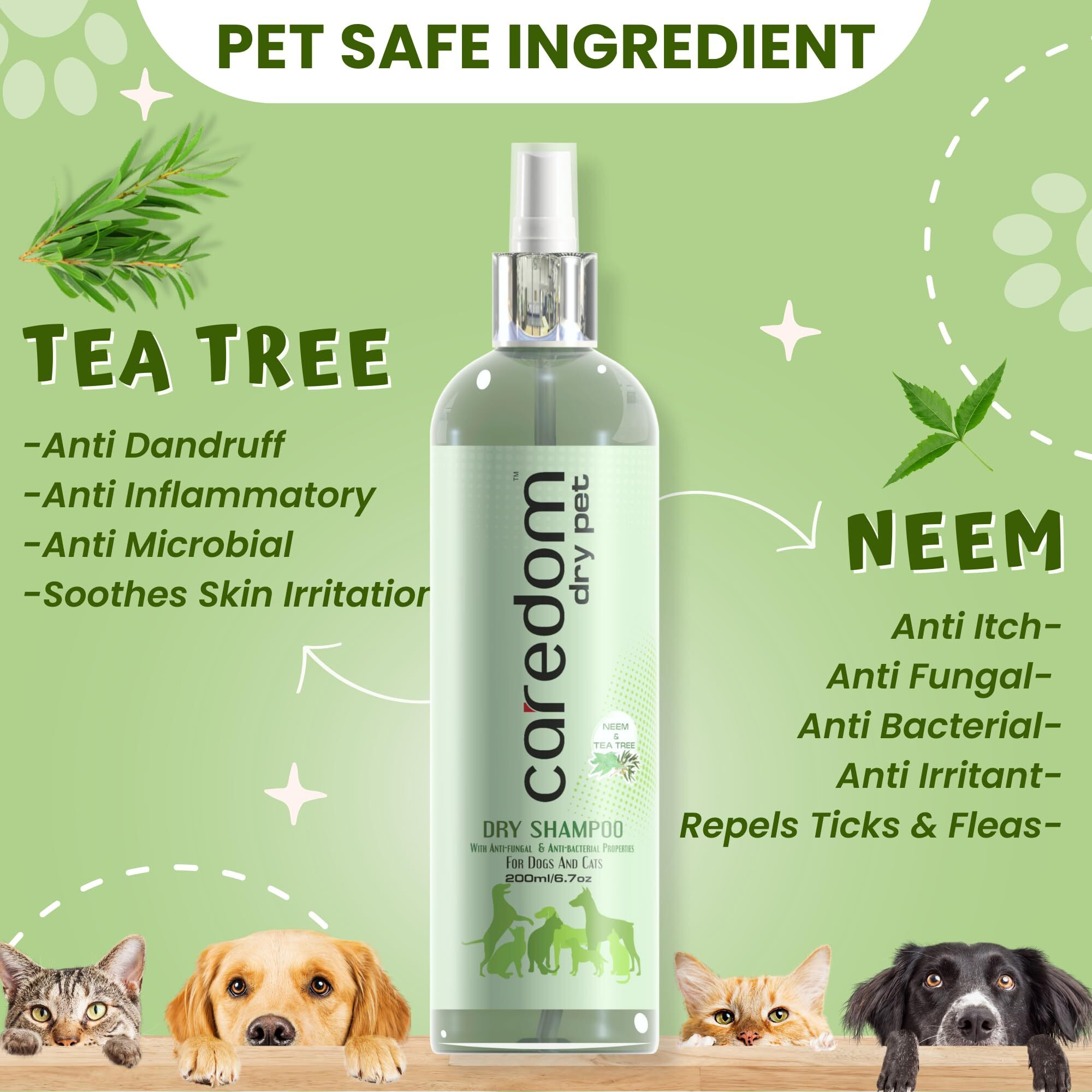 Caredom Pet Dry Dog Shampoo & Cat Dry Shampoo For Water Free Bath | Dry Shampoo Spray With Lavender, Neem & Tea Tree Extracts | Anti Fungal&Anti Bacterial Properties | Pack Of 2, 400 Milliliter