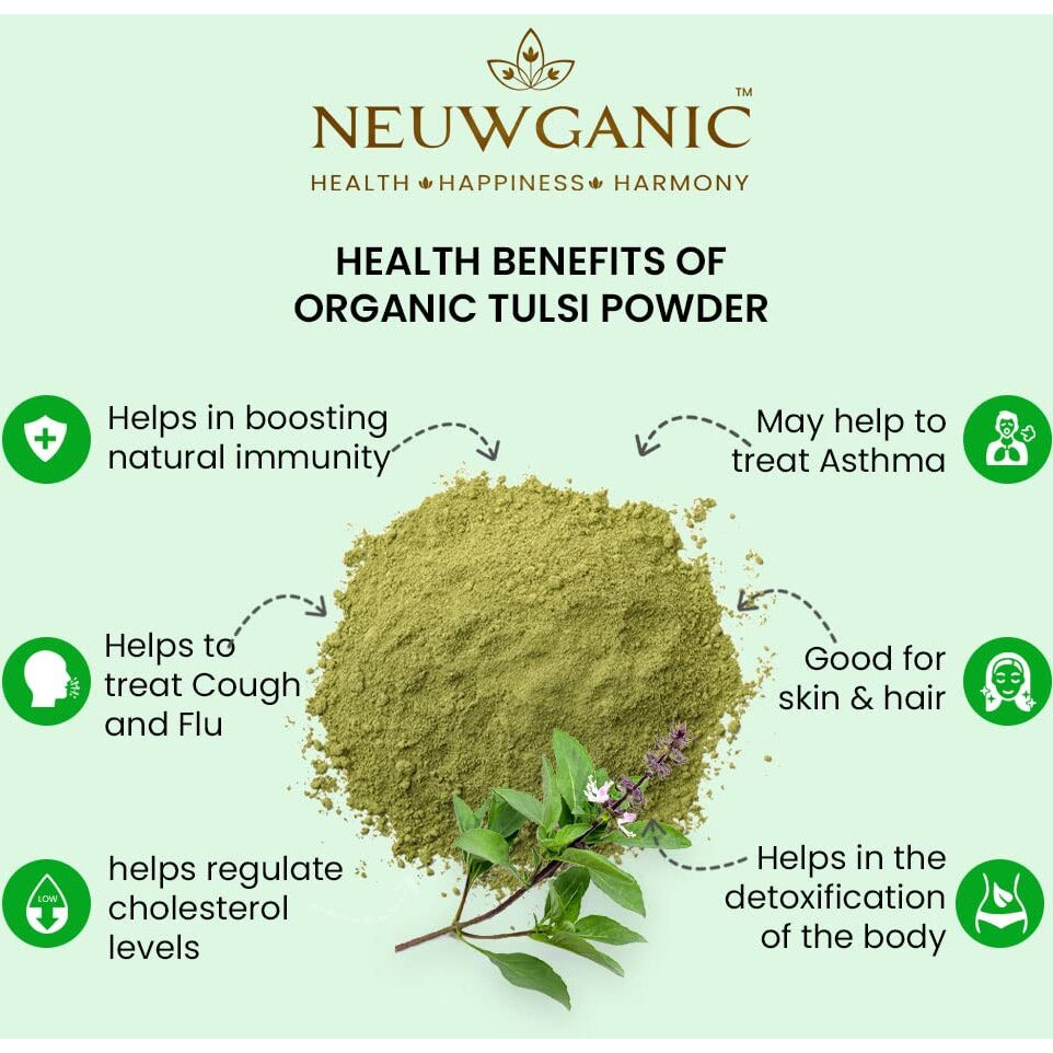 Neuwganic - Organic Tulsi Powder - India Organic And Usda Organic Certified - Holy Basil Powder - Ideal For Making Kadha, Tea & Chutney - 500 Gm