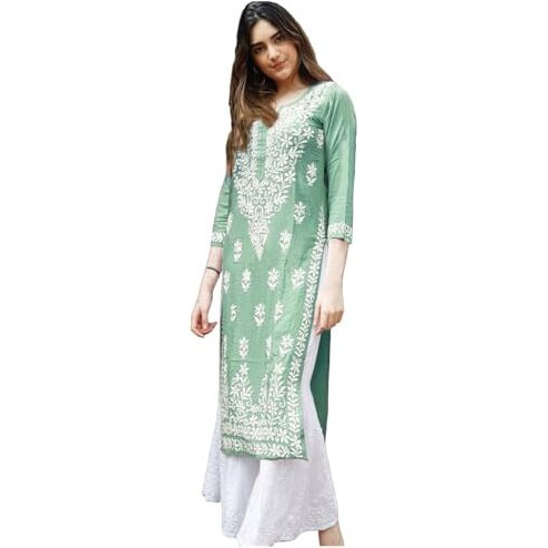 Gosriki Women's Rayon Blend Straight Chikankari Embroidered Kurta (Victoria Green-Gs_5Xl_White_Xxxxx-Large)