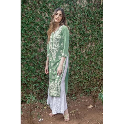 Gosriki Women's Rayon Blend Straight Chikankari Embroidered Kurta (Victoria Green-Gs_5Xl_White_Xxxxx-Large)