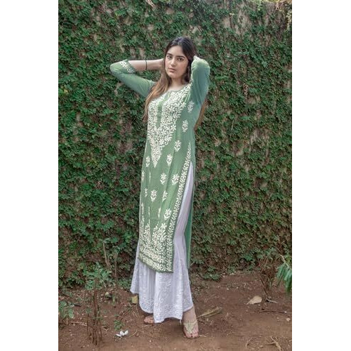 Gosriki Women's Rayon Blend Straight Chikankari Embroidered Kurta (Victoria Green-Gs_5Xl_White_Xxxxx-Large)