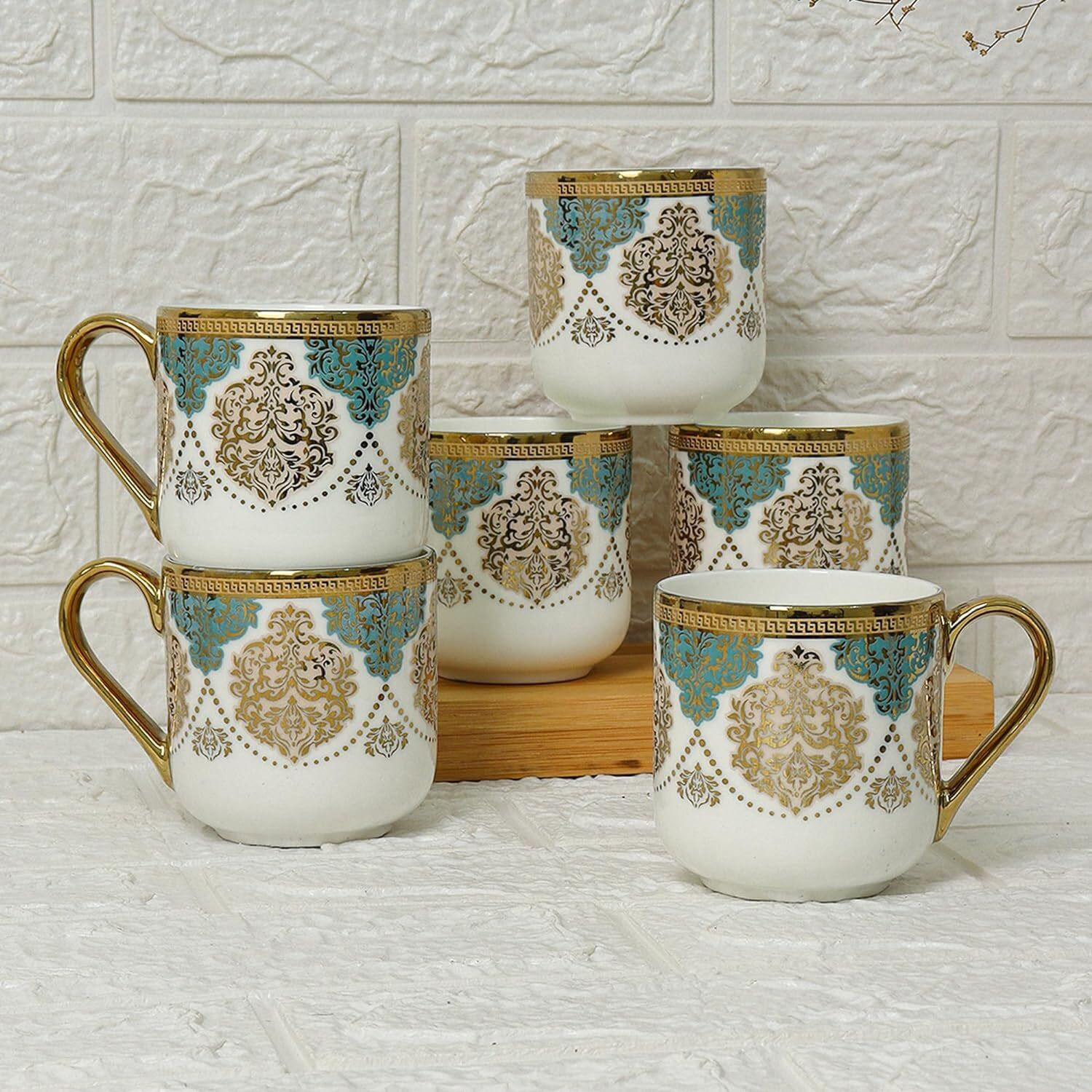 Femora Premium Ceramic Royal Crowned Coffee & Tea Cup Set Of 4, 180 Ml, Green