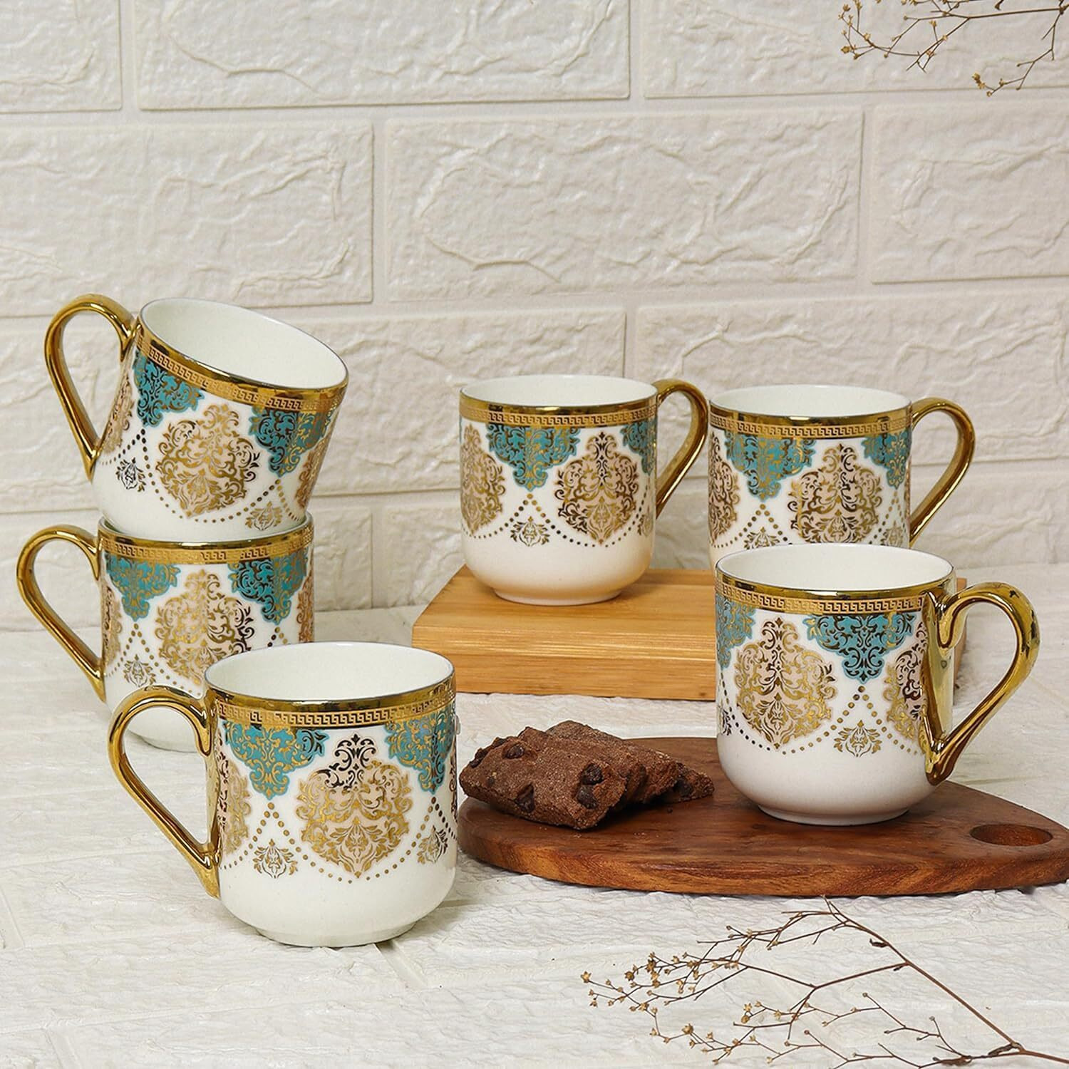 Femora Premium Ceramic Royal Crowned Coffee & Tea Cup Set Of 4, 180 Ml, Green