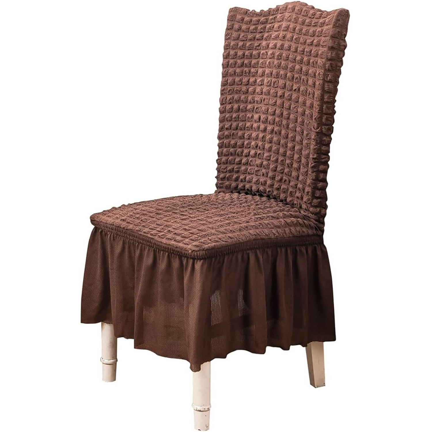 House Of Quirk Turkish Bubble Frill Chair Cover Stretch Removable Washable Short Dining Chair Cover Protector Seat Slipcover (Coffee, Pack Of 1)