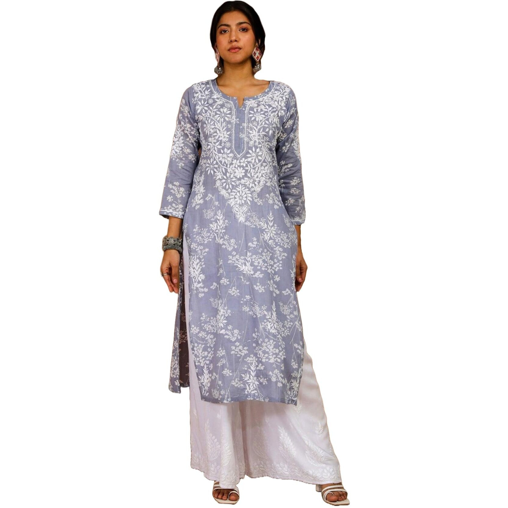Gosriki Women's Cotton Blend Chikankari Embroidered Straight Kurta (Zainab Grey-Nw-Gs_S_Grey_Small)