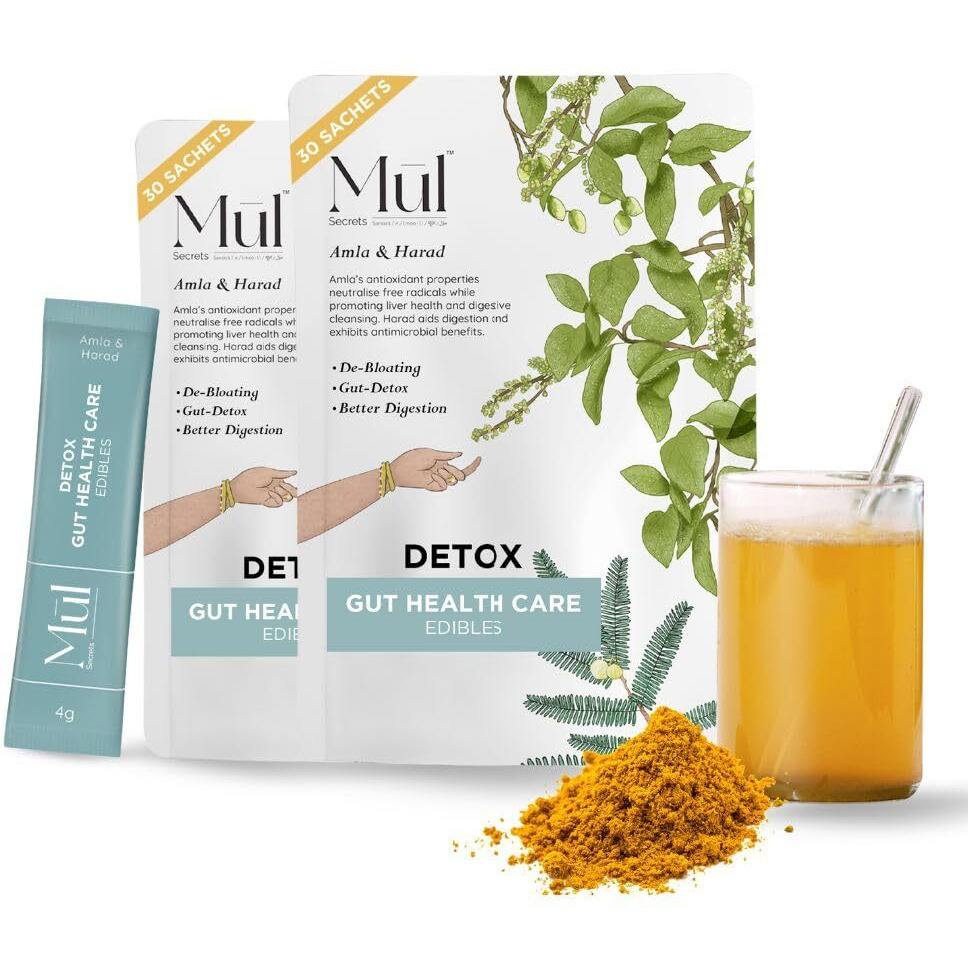 Mul Secrets Detox Gut Health Supplement - 270 Gm, Ayurvedic Drink, Amla, Vitamin A, C, E, Relieves Acidity, Constipation & Bloating, No Preservatives, No Added Sugar (30 Sachets, Pack Of 2)