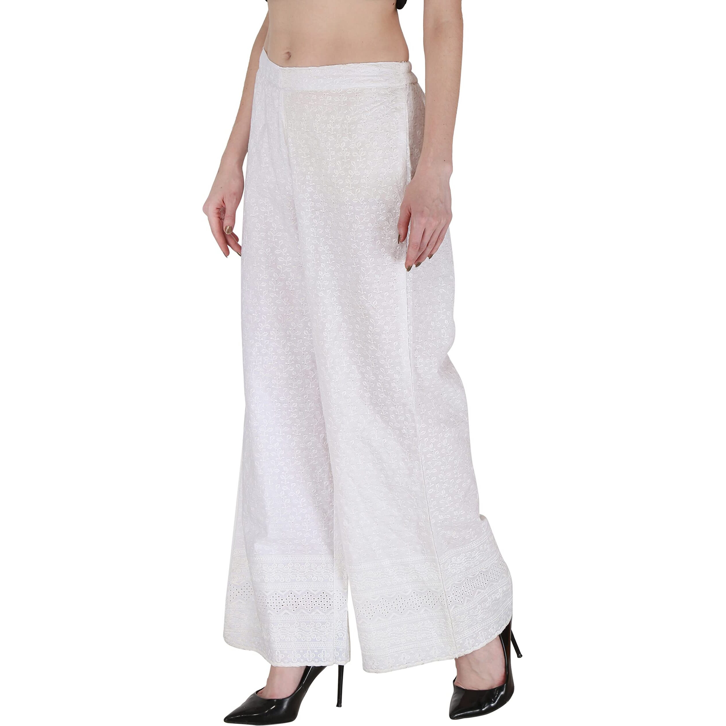 Shopping Queen Women's Cotton Embroidered Chikankari Palazzo (A296_White_S)