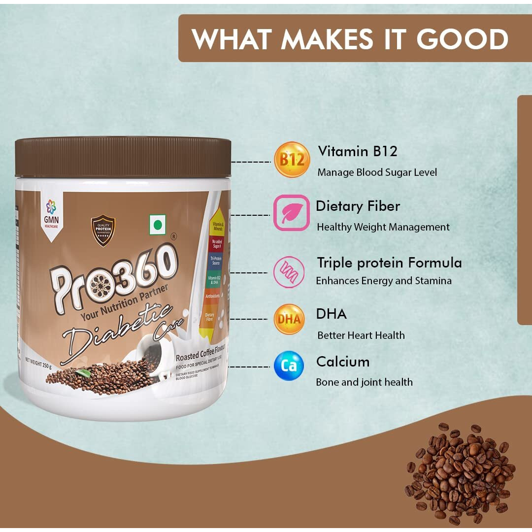 Pro360 Diabeticare Pro Nutritional Diabetic Protein Powder Supplement To Manage Diabetes And Blood Glucose For Adults - Coffee Flavor - 500Gm