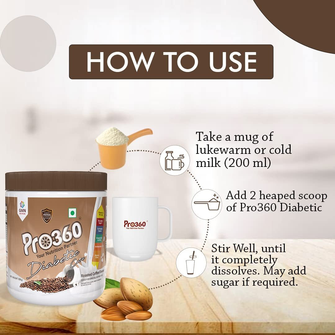 Pro360 Diabeticare Pro Nutritional Diabetic Protein Powder Supplement To Manage Diabetes And Blood Glucose For Adults - Coffee Flavor - 500Gm