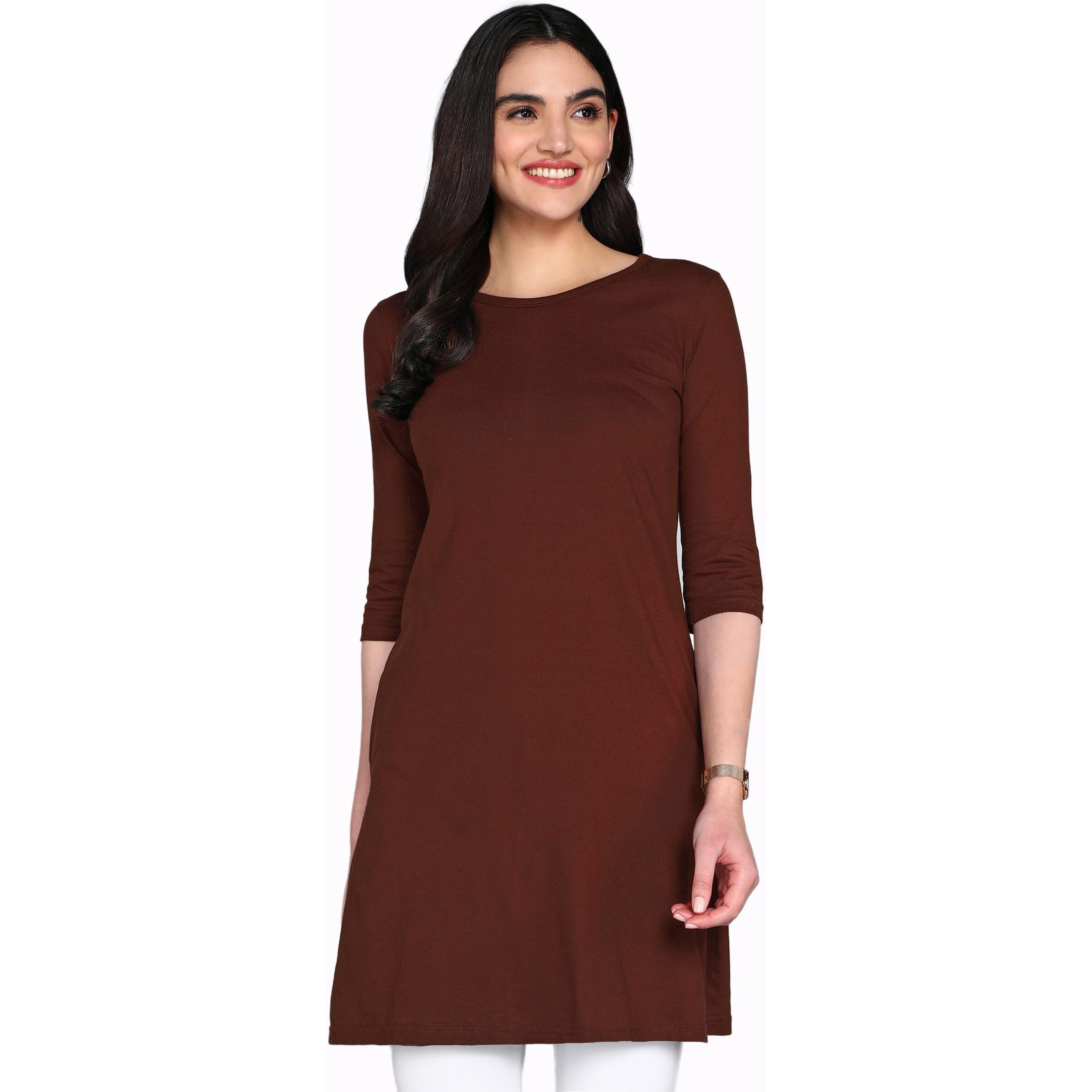 Fleximaa Women's Cotton Plain Round Neck 3/4 Sleeve Coffee Brown Color Long Top Xl Size