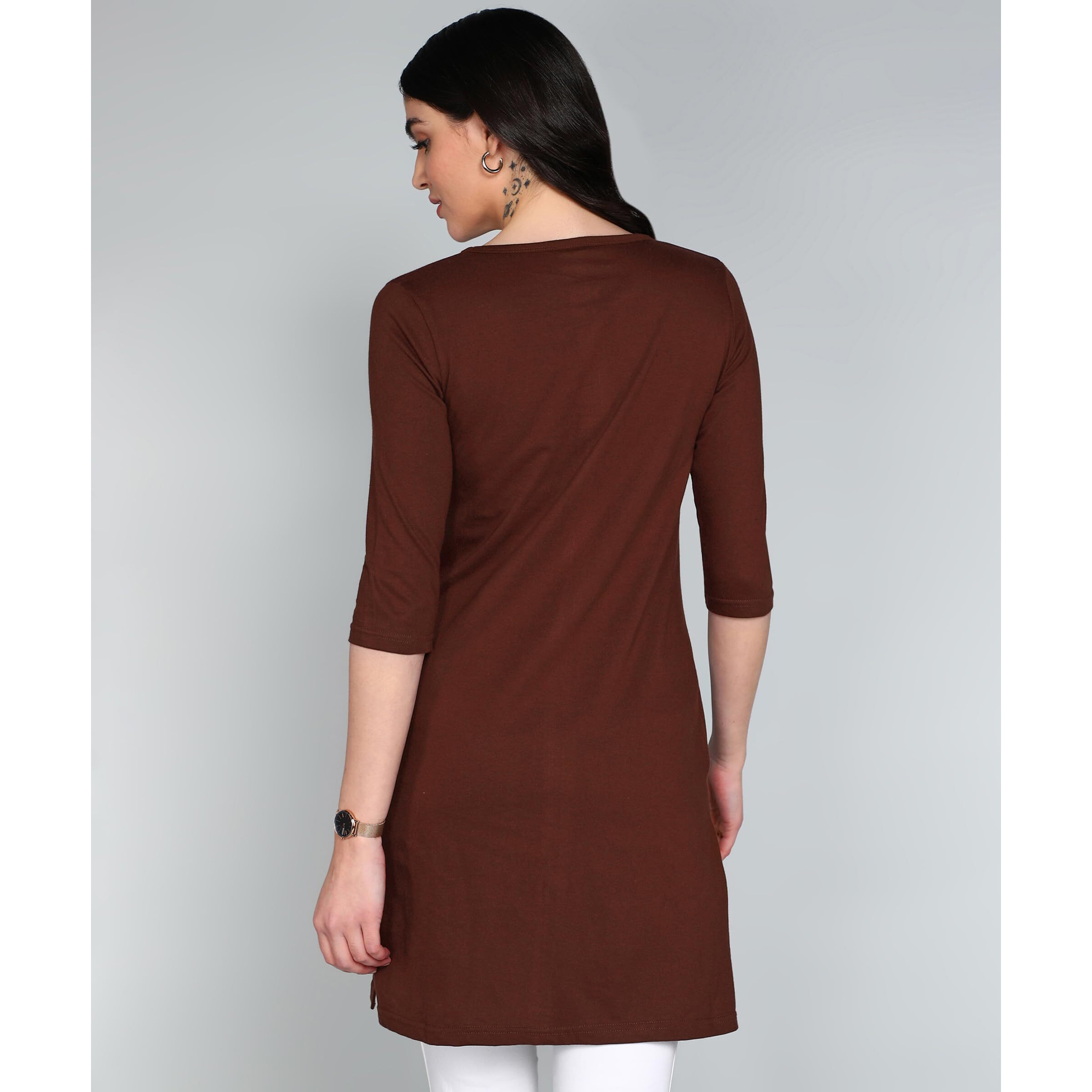 Fleximaa Women's Cotton Plain Round Neck 3/4 Sleeve Coffee Brown Color Long Top Xl Size