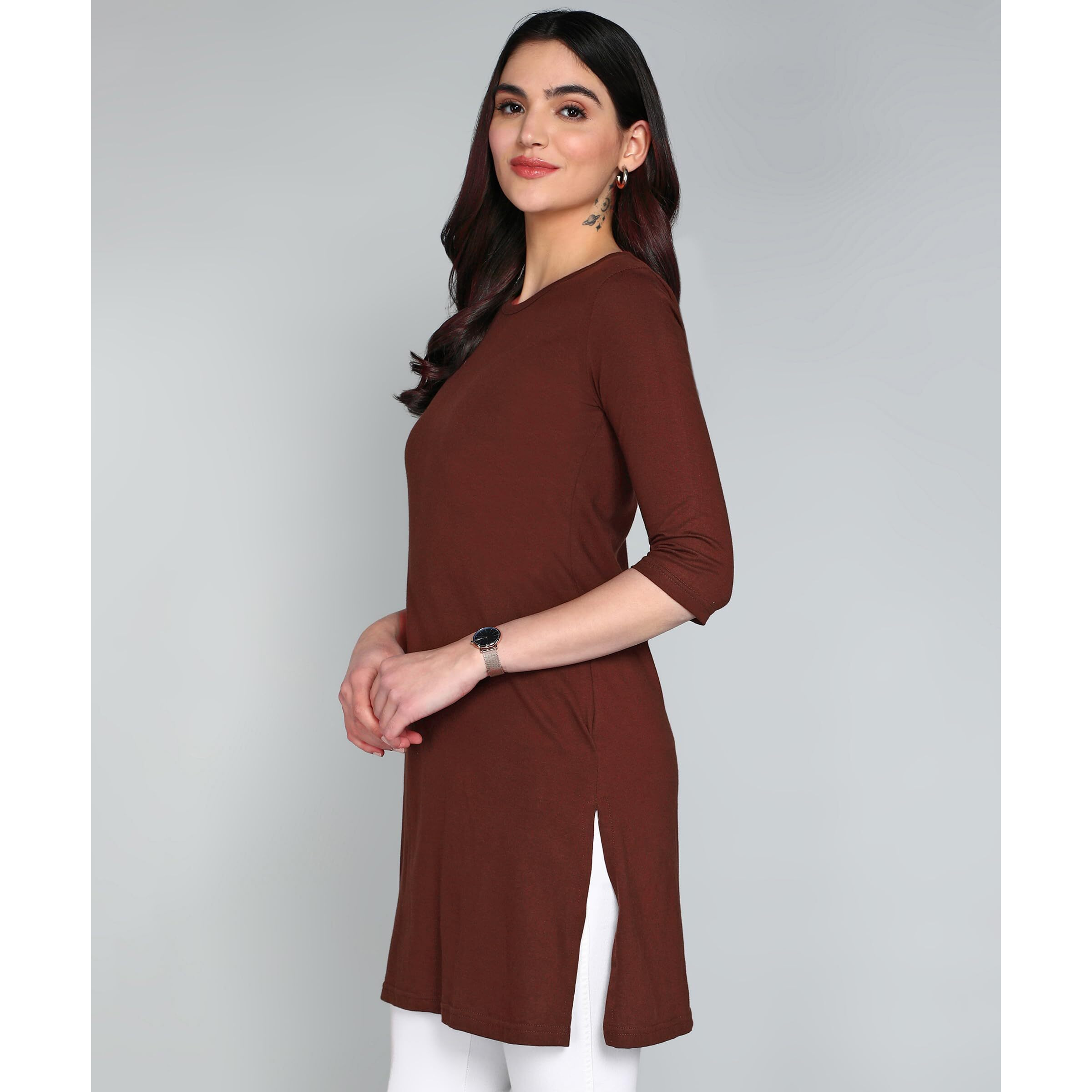 Fleximaa Women's Cotton Plain Round Neck 3/4 Sleeve Coffee Brown Color Long Top Xl Size