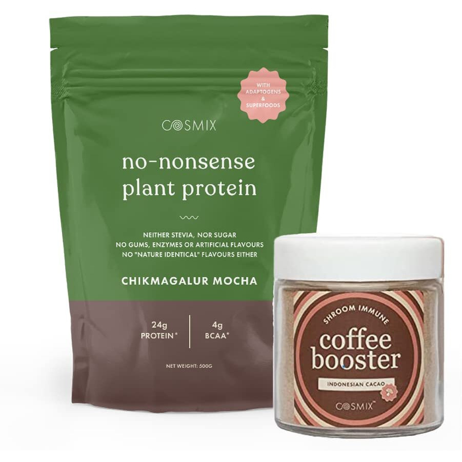 Cosmix No Nonsense Plant Protein + Shroom Immune Coffee Booster| Plant Protein- Organic Brown Rice & Pea Isolate| Coffee Booster -Reshi, Chaga & Sliver Ear| Immunity Boosting & Prevent Caffeine Crash