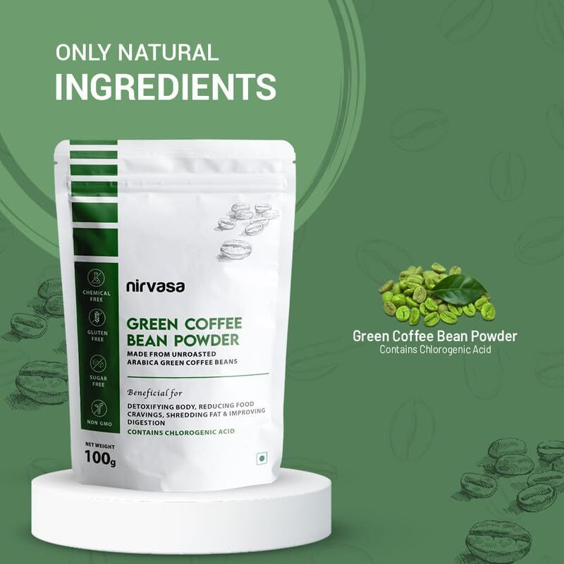 Nirvasa Unroasted Arabica Green Coffee Bean Powder With Chlorogenic Acid For Men & Women | For Body Detoxification & Weight Management | 100G X 2