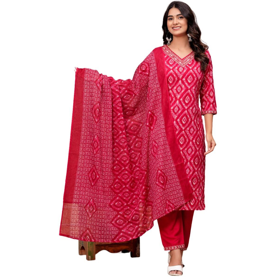 Kasooti Women's Printed Straight Embroidered Kurta & Pant Set With Dupatta (Gajri) | Ethnic Set | Dupatta Set | Kurta Set |