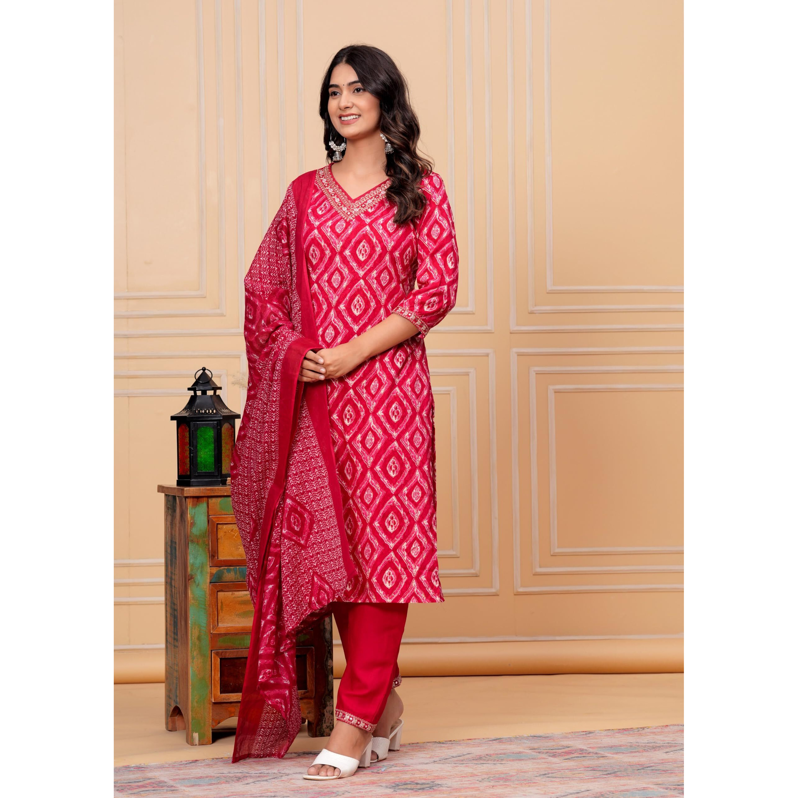 Kasooti Women's Printed Straight Embroidered Kurta & Pant Set With Dupatta (Gajri) | Ethnic Set | Dupatta Set | Kurta Set |