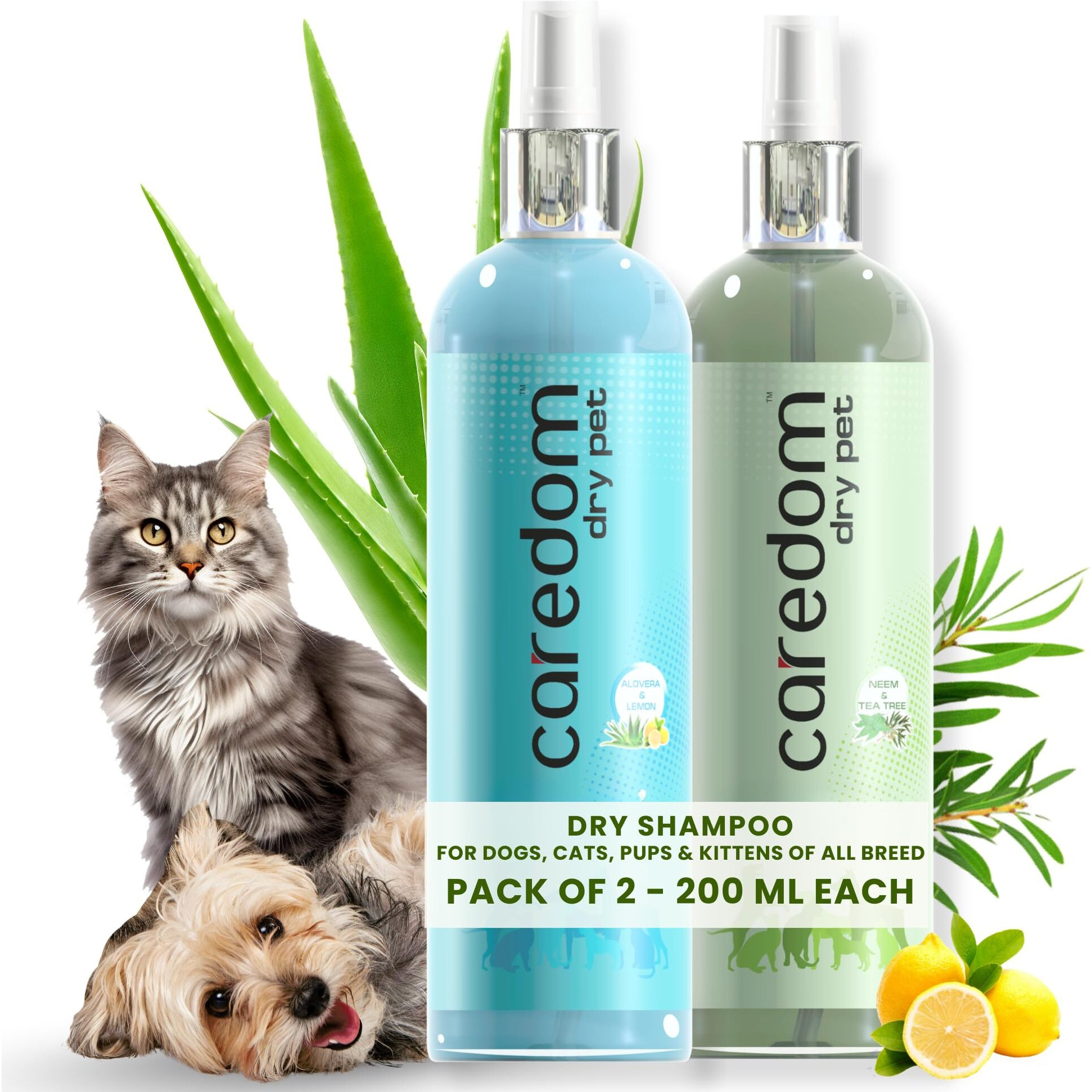 Caredom Combo Offer Dog & Cat Dry Shampoo For Water-Free Bath | Spray With Aloe Vera, Lemon & Neem Tea Tree | Anti-Bacterial Properties | Pack Of 2 (400 Milliliter)