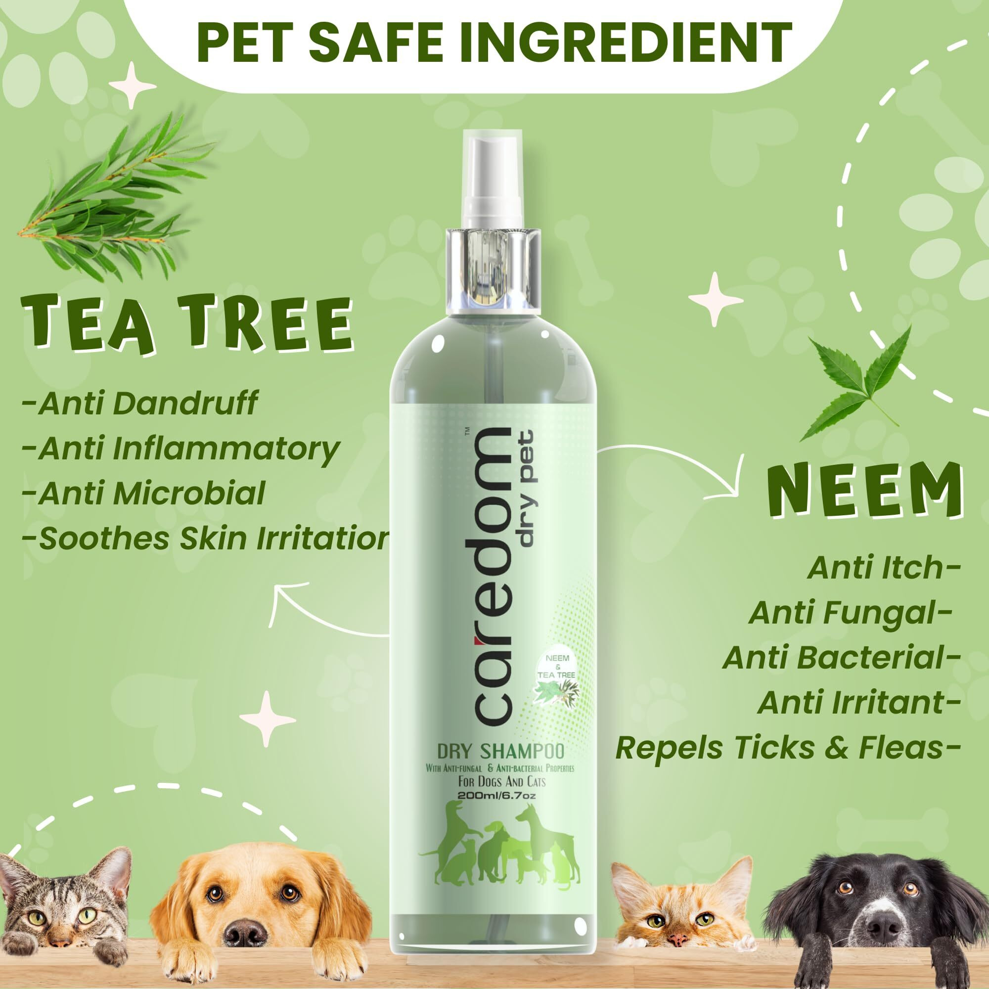 Caredom Combo Offer Dog & Cat Dry Shampoo For Water-Free Bath | Spray With Aloe Vera, Lemon & Neem Tea Tree | Anti-Bacterial Properties | Pack Of 2 (400 Milliliter)