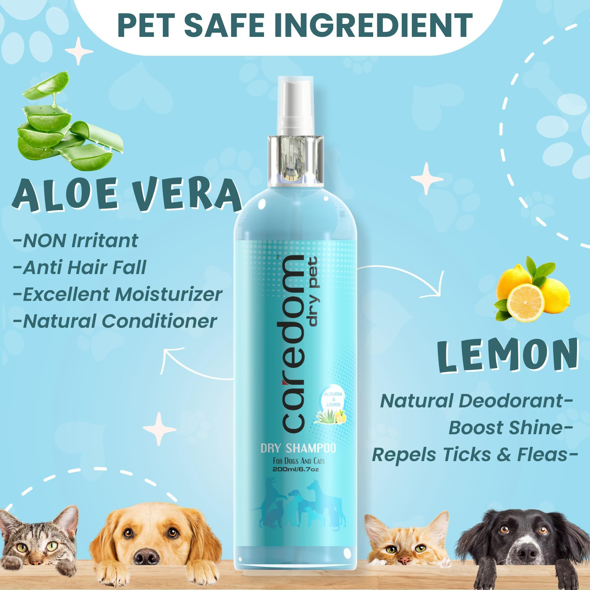 Caredom Combo Offer Dog & Cat Dry Shampoo For Water-Free Bath | Spray With Aloe Vera, Lemon & Neem Tea Tree | Anti-Bacterial Properties | Pack Of 2 (400 Milliliter)