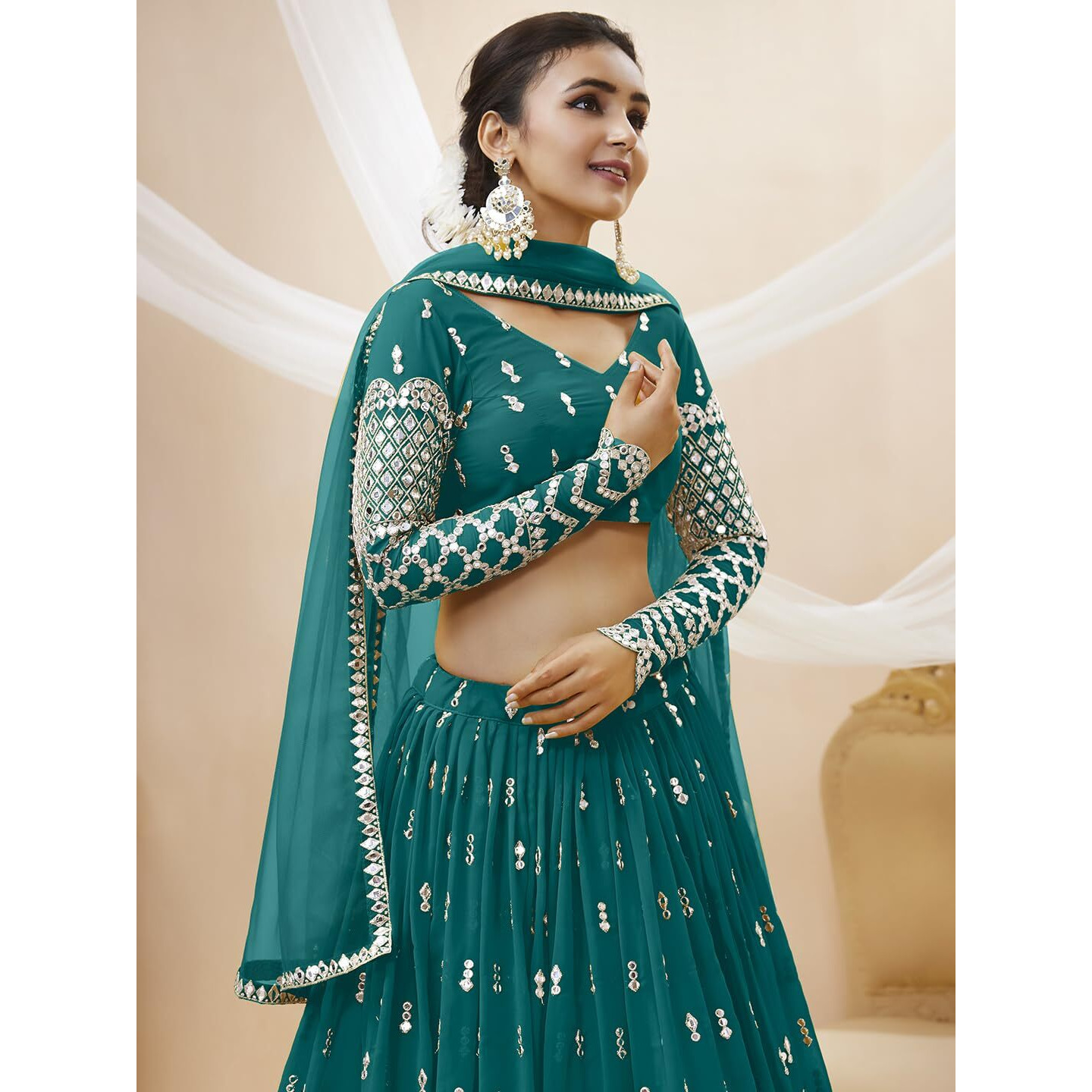 Zeel Clothing Women's Sequins Zari Embroidered Georgette Semi-Stitched Lehenga Choli With Dupatta (306-Teal-Wedding-Bridal-Latest-New Free Size) (Teal Blue)