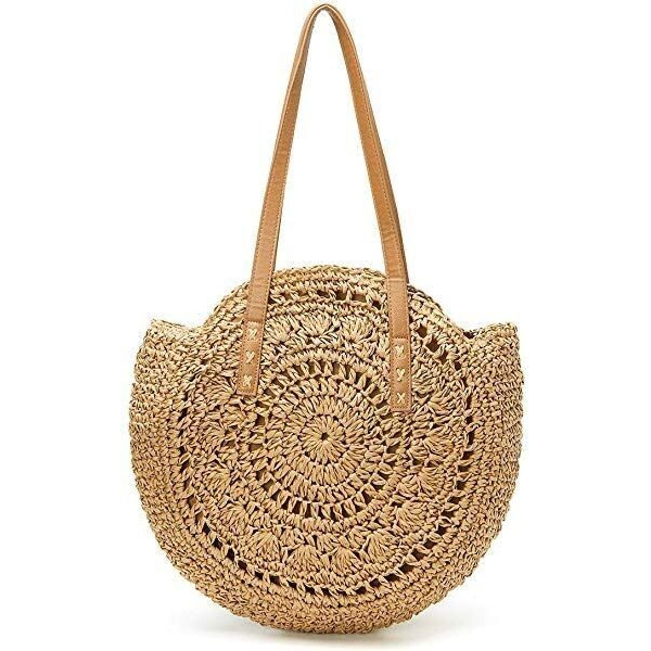 Mairo Lifestyle Straw Wicker Handmade Boho Summer Beach Round Shoulder Bag (Brown - Flower)