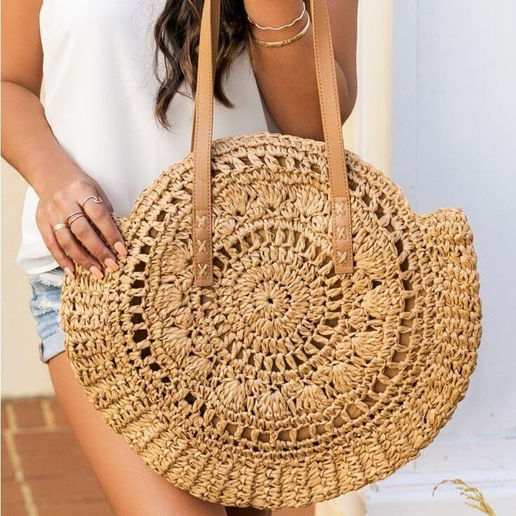 Mairo Lifestyle Straw Wicker Handmade Boho Summer Beach Round Shoulder Bag (Brown - Flower)