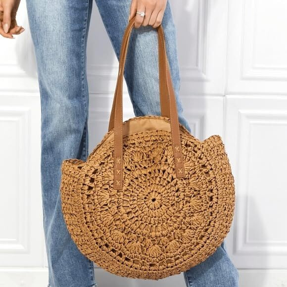 Mairo Lifestyle Straw Wicker Handmade Boho Summer Beach Round Shoulder Bag (Brown - Flower)