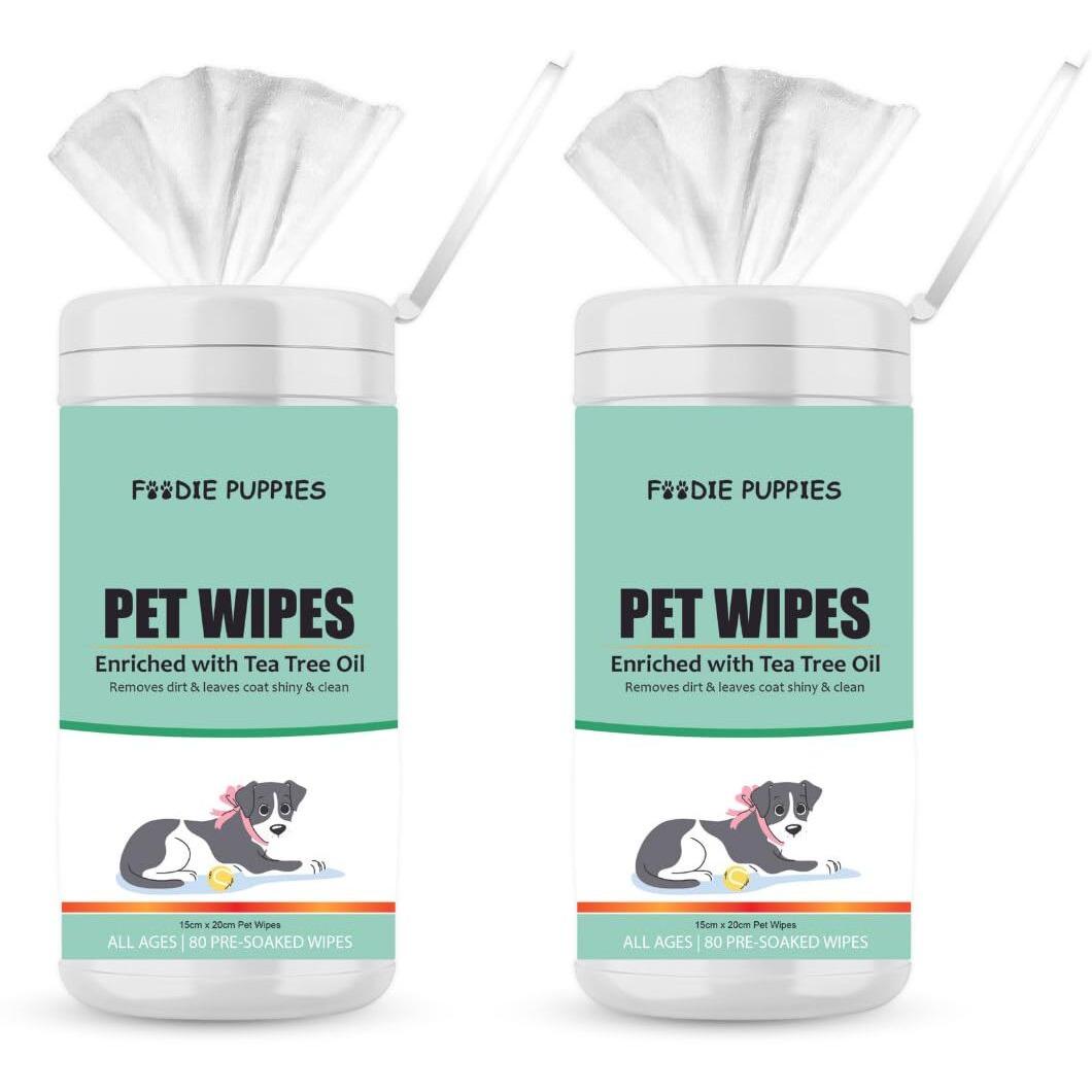 Foodie Puppies Anti-Bacteria 160 Pulls Pet Wet Canister Wipes - 80 Wipes (Pack Of 2) | Lemon & Green Tea Wipes For Dogs, Puppies, Cats, Kittens & Small Animals | Sls Free, Paraben Free & Cruelty Free