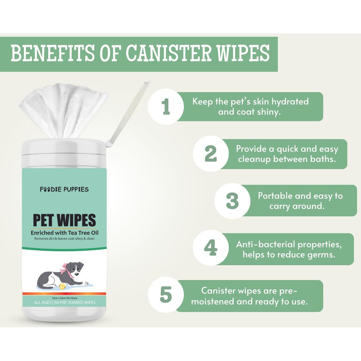 Foodie Puppies Anti-Bacteria 160 Pulls Pet Wet Canister Wipes - 80 Wipes (Pack Of 2) | Lemon & Green Tea Wipes For Dogs, Puppies, Cats, Kittens & Small Animals | Sls Free, Paraben Free & Cruelty Free