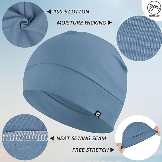 Cotton Skull Caps For Men Women,2-Pack Lightweight Beanie Sleep Hats Breathable Helmet Liner Blue, White