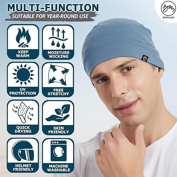 Cotton Skull Caps For Men Women,2-Pack Lightweight Beanie Sleep Hats Breathable Helmet Liner Blue, White