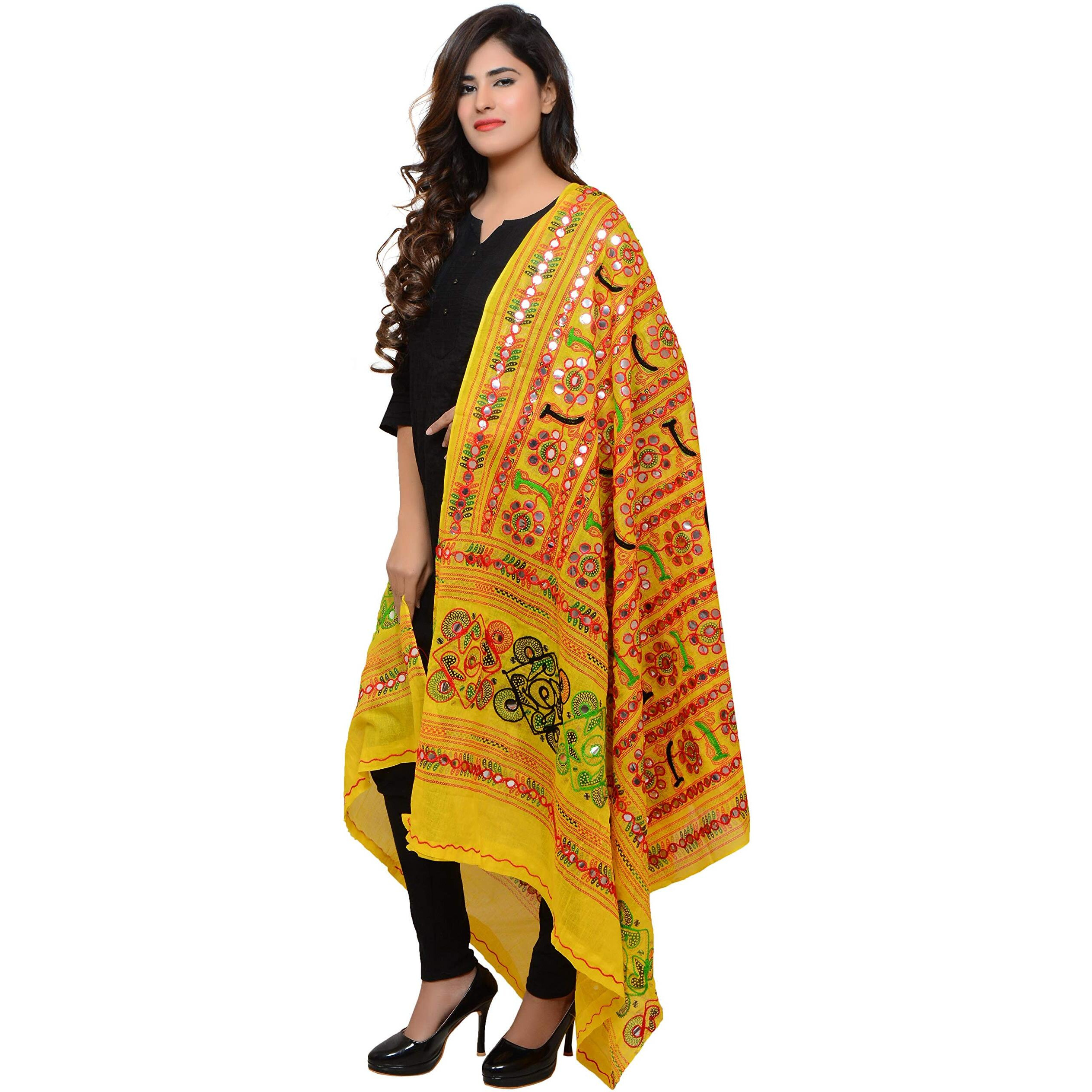 Banjara India Women's Cotton Embroidered Kutchi Dupatta Bharchak (Lemon Yellow)