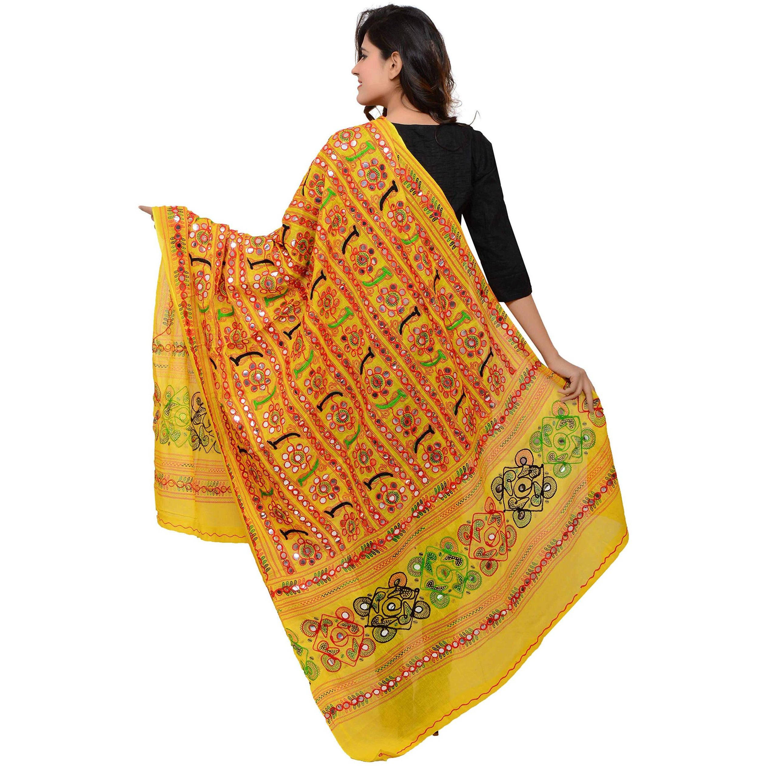 Banjara India Women's Cotton Embroidered Kutchi Dupatta Bharchak (Lemon Yellow)